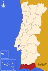 kartta - Algarve sijaitsee Etelä-Portugalissa