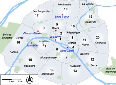 Ranska Pariisin kaupunginosat kartta